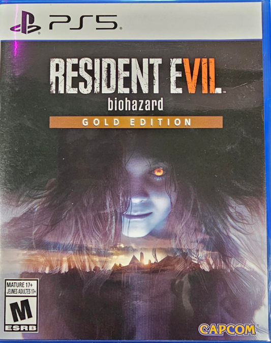 Resident Evil VII Biohazard Gold Edition PlayStation 5 PS5 for survival horror video game fans featuring first person gameplay terrifying exploration Baker family mansion environments intense combat puzzle solving resource management grotesque enemies atmospheric storytelling and Gold Edition additional content for an immersive horror gaming experience collectible appeal front cover art