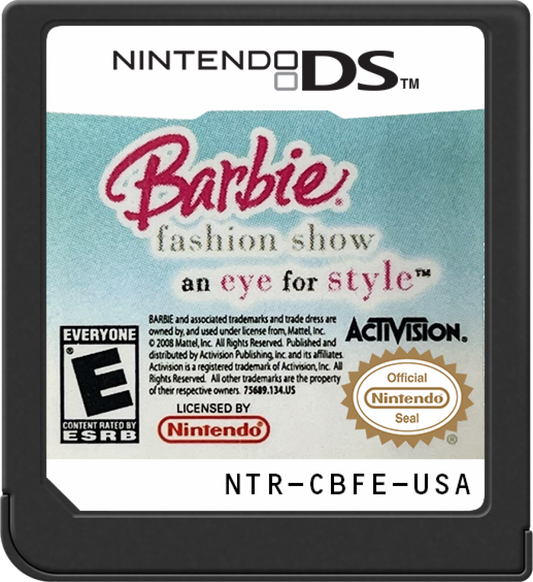 Barbie Fashion Show An Eye for Style Nintendo DS video game, fashion design gameplay, style challenges, family-friendly handheld console title cartridge
