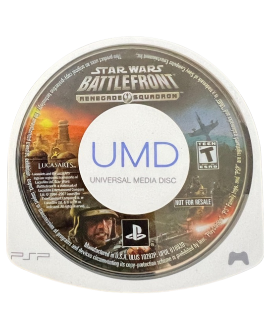 Star Wars Battlefront Renegade Squadron PlayStation Portable PSP video game, third-person shooter, large-scale sci-fi battles, Star Wars franchise title disc cartridge UMD