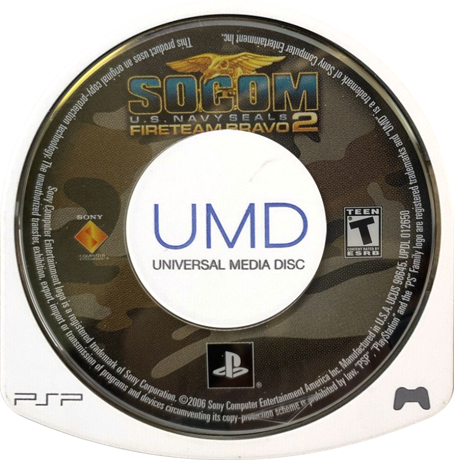 SOCOM U.S. Navy SEALs Fireteam Bravo 2 PlayStation Portable PSP video game, tactical shooter, squad-based military action, handheld console title game cartridge UMD