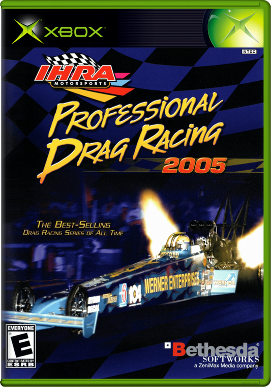 IHRA Professional Drag Racing 2005 for original Xbox drag racing simulation game featuring licensed IHRA tracks pro stock funny car top fuel classes career mode realistic quarter mile racing front cover