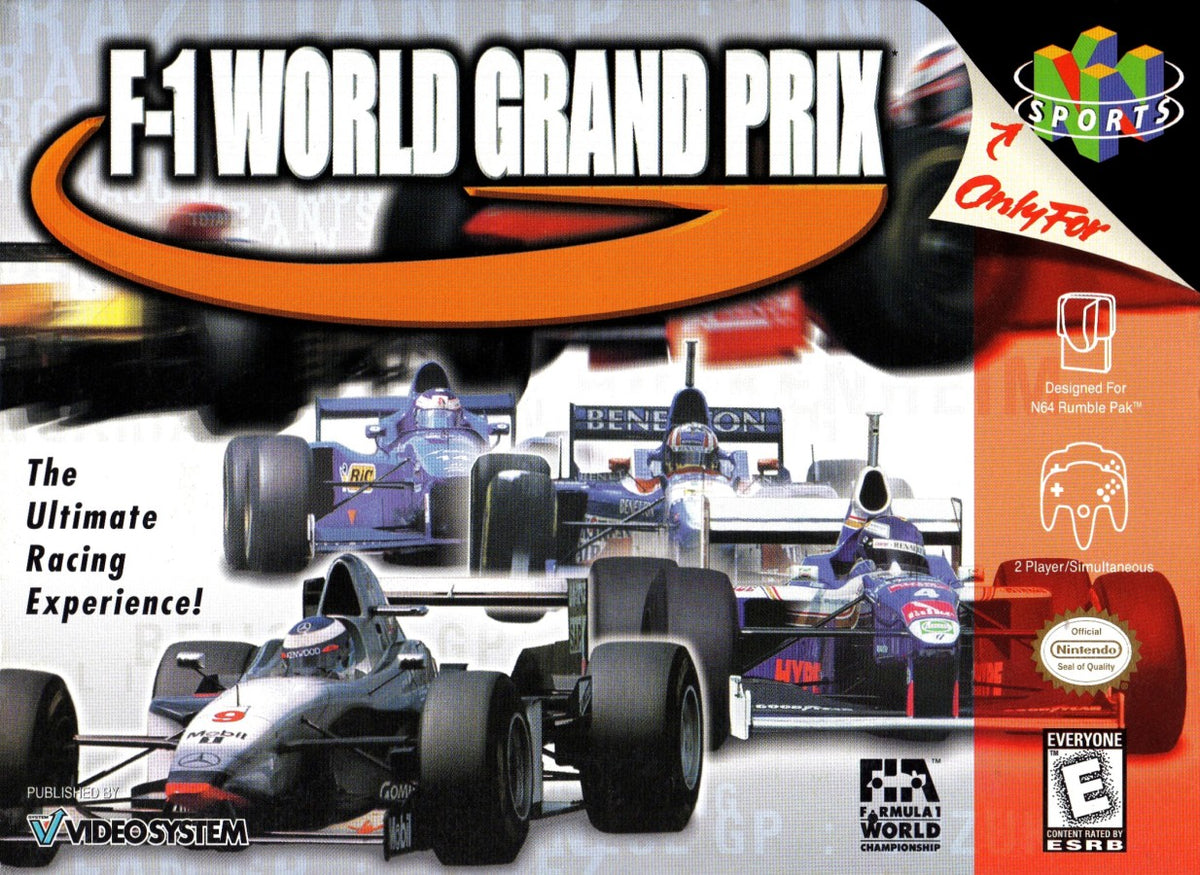 F-1 World Grand Prix Nintendo 64 N64 video game featuring Formula One racing gameplay licensed F1 drivers and teams high speed open wheel race cars realistic Grand Prix circuits championship season mode time trials pit stops vehicle handling racing strategy and classic 64 bit Nintendo motorsport action retro video game collection collectible gaming appeal front cover art