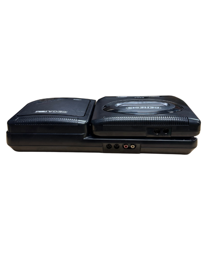 Rear view of the Model 2 Sega Genesis connected to the Model 2 Sega CD showing AV, power, and expansion ports