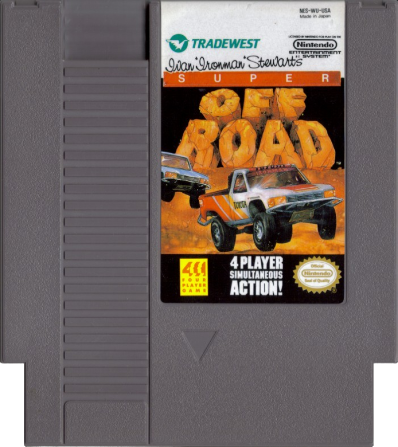 Super Off Road retro NES video game Super Off Road arcade racing off road trucks multiplayer competitive gameplay classic racing action console title Nintendo Entertainment System release cartridge