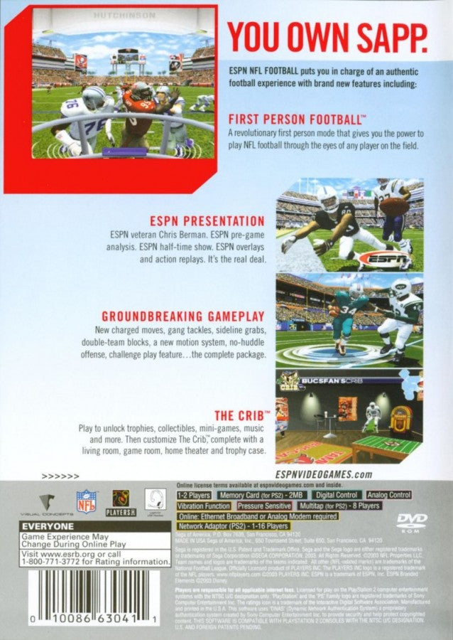 ESPN NFL Football back of case for PlayStation 2 (PS2) American football sports simulation video game