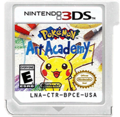 Pokémon Art Academy game card for Nintendo 3DS with Pikachu and drawing tools.