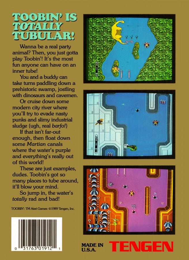 Toobin Nintendo Entertainment System NES for retro video game enthusiasts featuring arcade style river rafting gameplay fast paced obstacle navigation competitive racing mechanics winding waterways reflex based challenges colorful classic action and collectible gaming appeal back art 