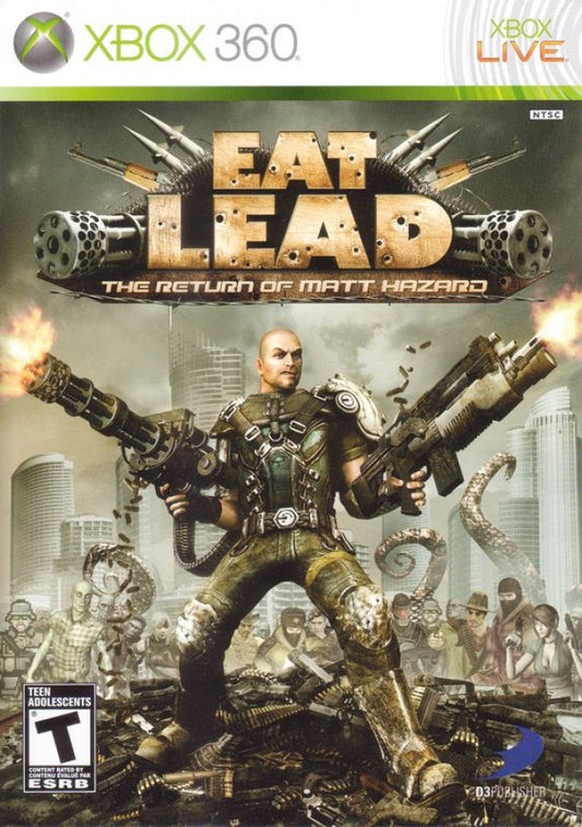 Eat Lead The Return of Matt Hazard Xbox 360 game featuring third-person shooter action comedy storyline voice acting by Will Arnett explosive gunplay boss battles and single player campaign gameplay cover art