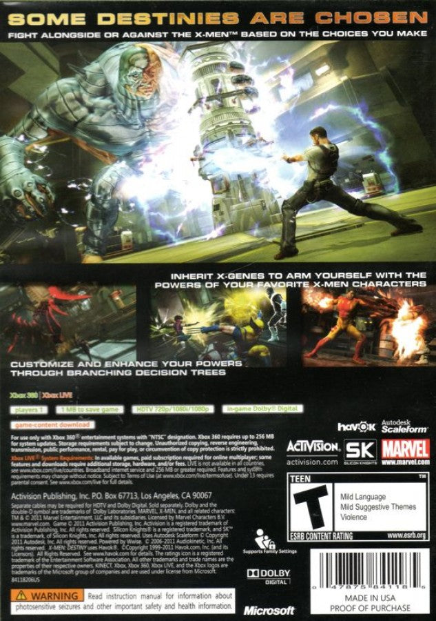X-Men: Destiny back of case for Xbox 360 (X360) action role-playing superhero video game