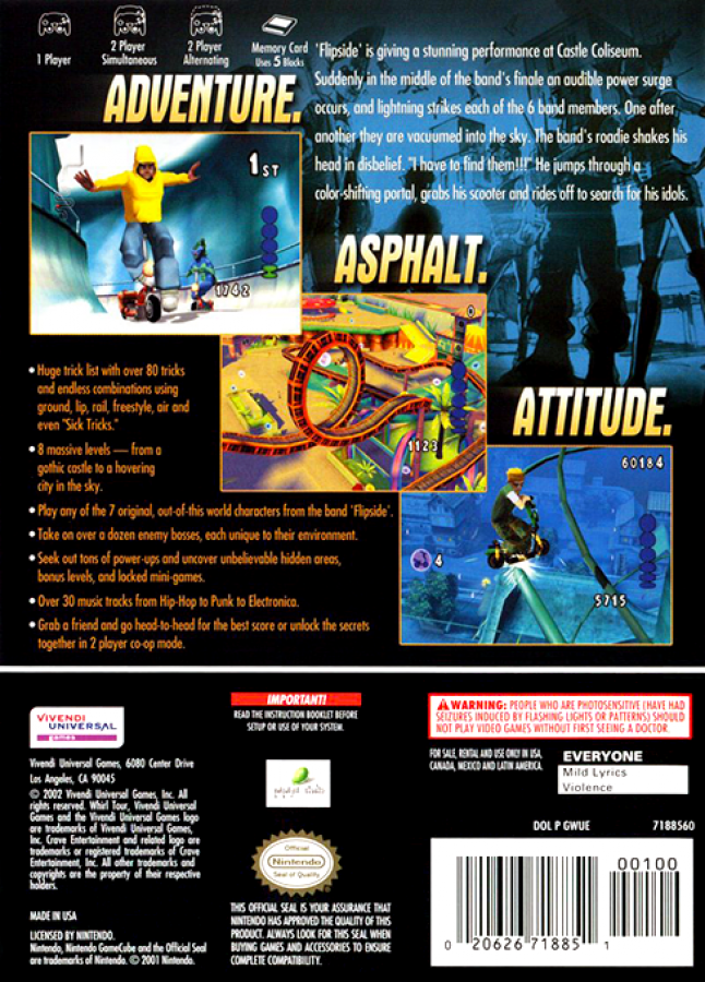 Whirl Tour back cover art for GameCube game featuring extreme skateboarding action and high-speed arcade stunt gameplay 