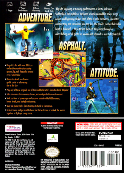 Whirl Tour back cover art for GameCube game featuring extreme skateboarding action and high-speed arcade stunt gameplay 