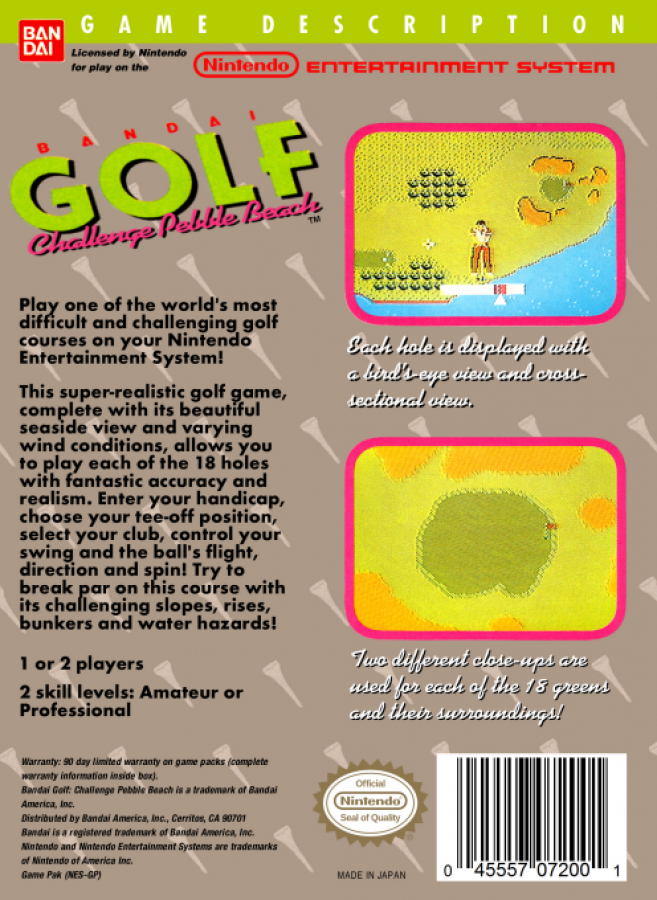 Bandai Golf Challenge: Pebble Beach back of box for Nintendo Entertainment System (NES) retro video game