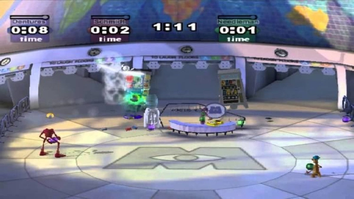 Gameplay for Monsters, Inc. Scream Arena GameCube GC video game, action party game, family-friendly, multiplayer, Pixar movie tie-in, Nintendo GameCube title