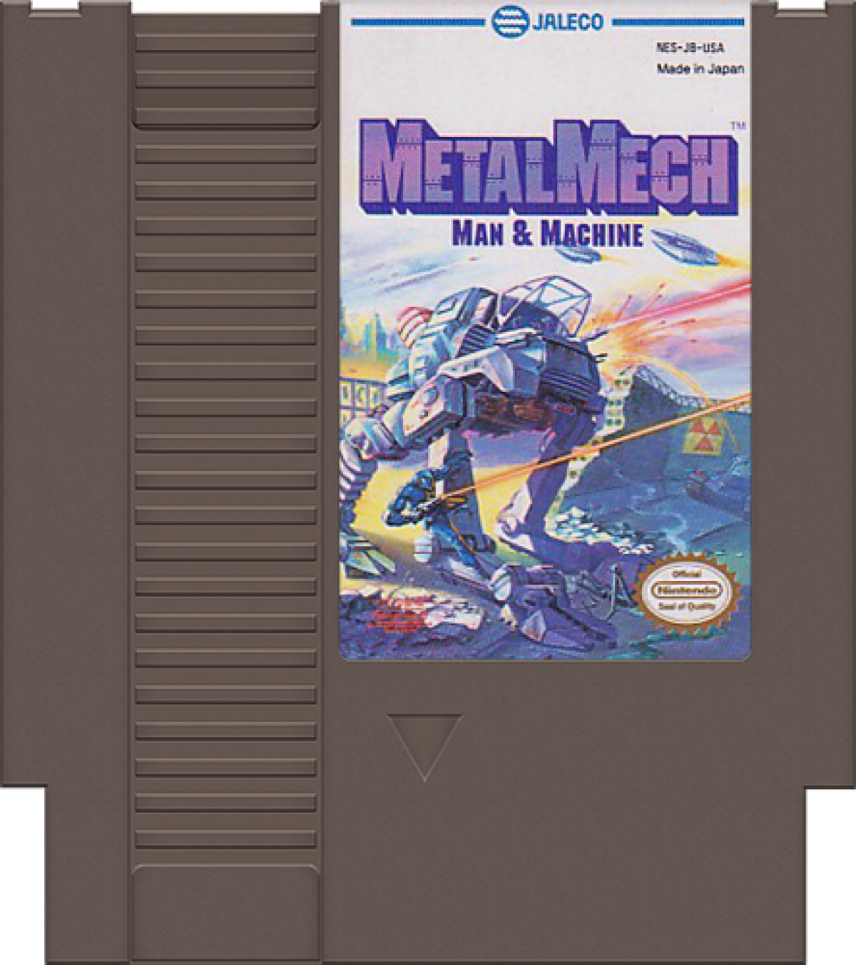 Metal Mech cartridge for the Nintendo Entertainment System featuring 8 bit action gameplay with a transformable mech tank side scrolling combat and strategic mission based objectives cartridge