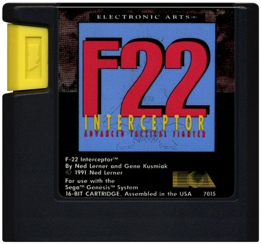 F-22 Interceptor Advanced Tactical Fighter for Sega Genesis, cartridge for a combat flight simulation video game with jet fighter missions, aerial dogfighting, military combat, and tactical aviation gameplay