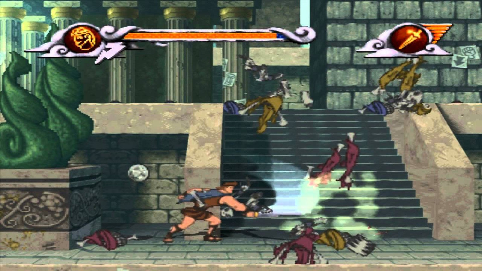 Disney Hercules PlayStation 1 PS1 Virgin Interactive 2D side-scrolling platformer action-adventure based on the animated film levels following Hercules journey Meg Hades Pegasus Phil Pain Panic titans Hydra Greek mythology villain battles puzzle-solving voice clips from the movie Sony PlayStation original classic 90s licensed game gameplay screenshot