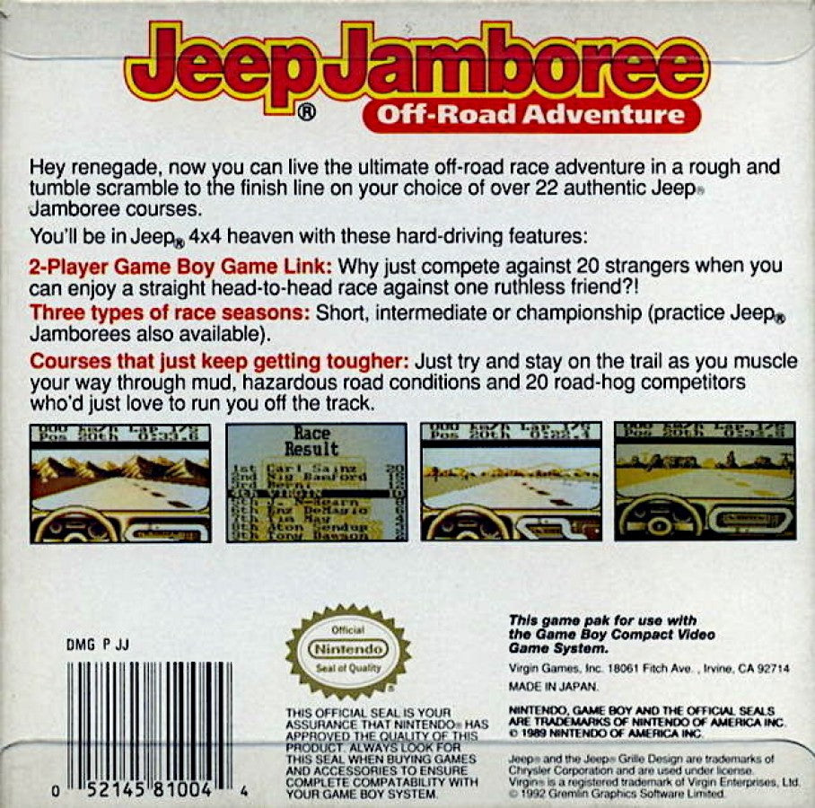 Jeep Jamboree back cover art for Game Boy GB video game