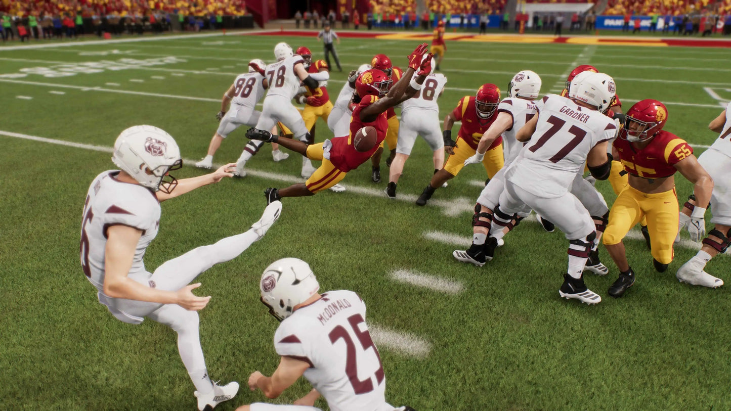 EA Sports College Football 26 PlayStation 5 college football simulation video game featuring 136 FBS schools over 300 authentic coaches 2700 new plays Dynasty Road to Glory College Ultimate Team Road to the College Football Playoff enhanced Stadium Pulse Home Field Advantage dynamic substitutions wear and tear mechanics Heisman Trophy journey recruiting portal authentic game day atmospheres fight songs commentary gameplay screenshot