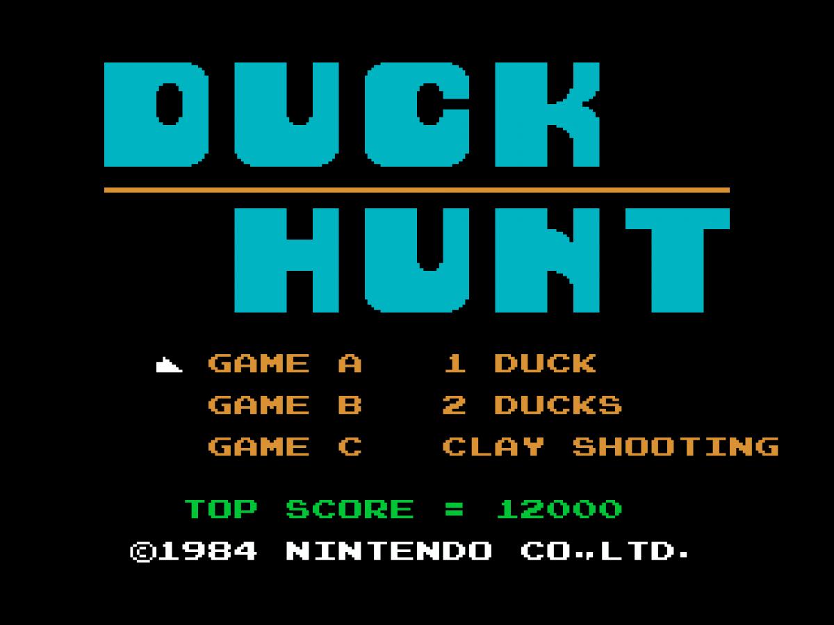 Super Mario Bros Duck Hunt game for the Nintendo Entertainment System featuring a combo cartridge with side scrolling platformer gameplay in Super Mario Bros and light gun shooting gameplay in Duck Hunt with classic arcade style mechanics and two player options Duck Hunt Menu