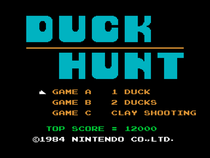 Super Mario Bros Duck Hunt game for the Nintendo Entertainment System featuring a combo cartridge with side scrolling platformer gameplay in Super Mario Bros and light gun shooting gameplay in Duck Hunt with classic arcade style mechanics and two player options Duck Hunt Menu