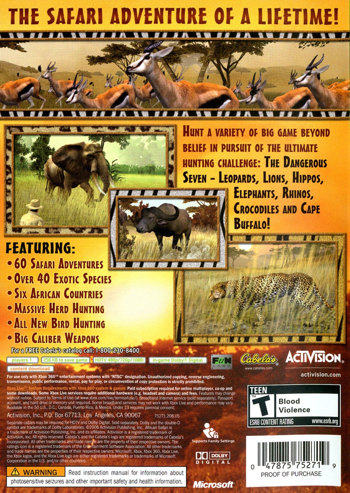 Cabela's African Safari Xbox 360 hunting simulation game featuring authentic African wildlife safari expeditions realistic firearms big game tracking missions and immersive outdoor adventure gameplay back cover