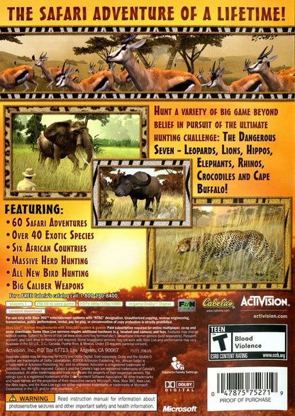 Cabela's African Safari Xbox 360 hunting simulation game featuring authentic African wildlife safari expeditions realistic firearms big game tracking missions and immersive outdoor adventure gameplay back cover