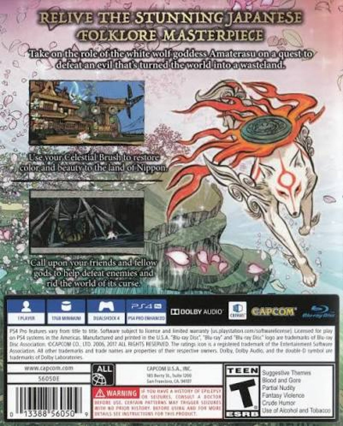 Ōkami HD PlayStation 4 PS4 for action adventure video game fans featuring Japanese mythology celestial brush powers beautiful watercolor inspired visuals puzzle solving exploration combat legendary creatures divine abilities and immersive fantasy storytelling collectible gaming appeal back cover art