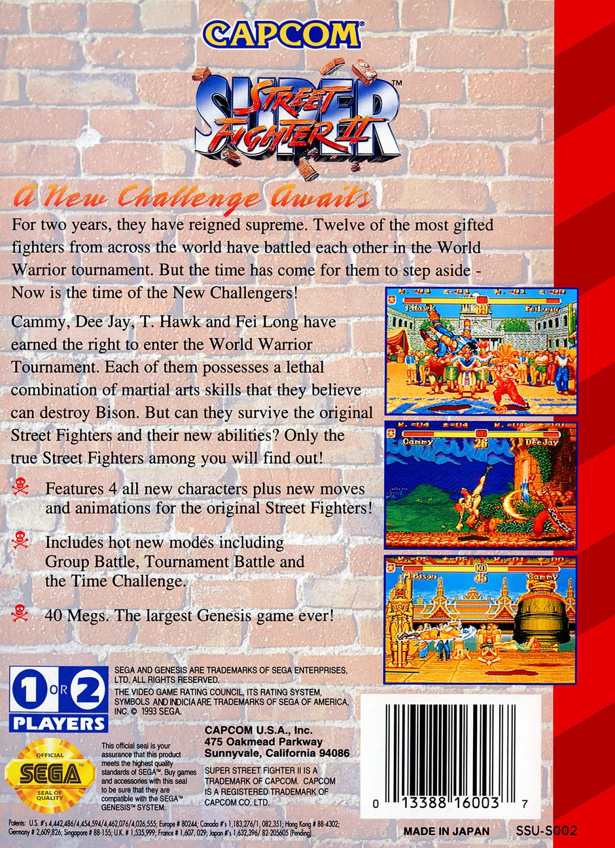 Super Street Fighter II cartridge for the Sega Genesis featuring 16 bit fighting gameplay with a large roster of characters special moves competitive versus matches and arcade style combat action back cover art