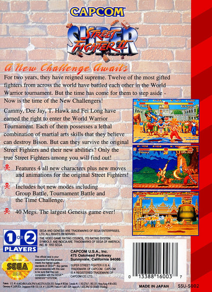 Super Street Fighter II cartridge for the Sega Genesis featuring 16 bit fighting gameplay with a large roster of characters special moves competitive versus matches and arcade style combat action back cover art