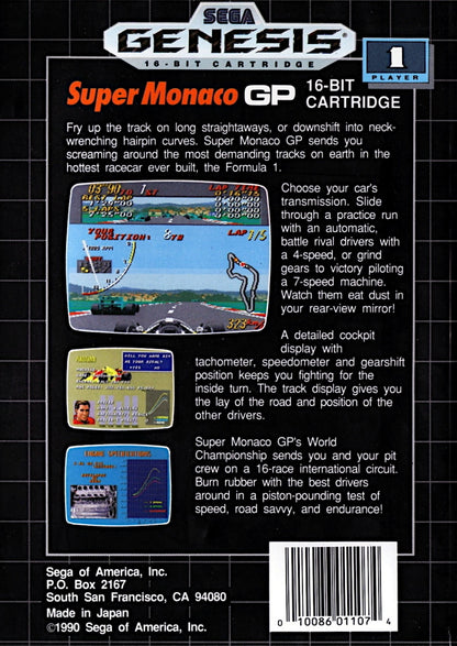 Super Monaco GP Sega Genesis video game, Formula One racing simulation, arcade-style motorsport action, retro Sega console title back cover