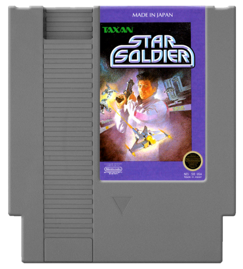 Star Soldier Nintendo Entertainment System NES video game featuring vertical scrolling shoot em up gameplay spaceship combat enemy waves power ups challenging stages boss battles and classic 8 bit arcade action retro video game collection collectible gaming appeal cartridge