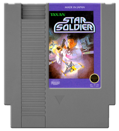 Star Soldier Nintendo Entertainment System NES video game featuring vertical scrolling shoot em up gameplay spaceship combat enemy waves power ups challenging stages boss battles and classic 8 bit arcade action retro video game collection collectible gaming appeal cartridge