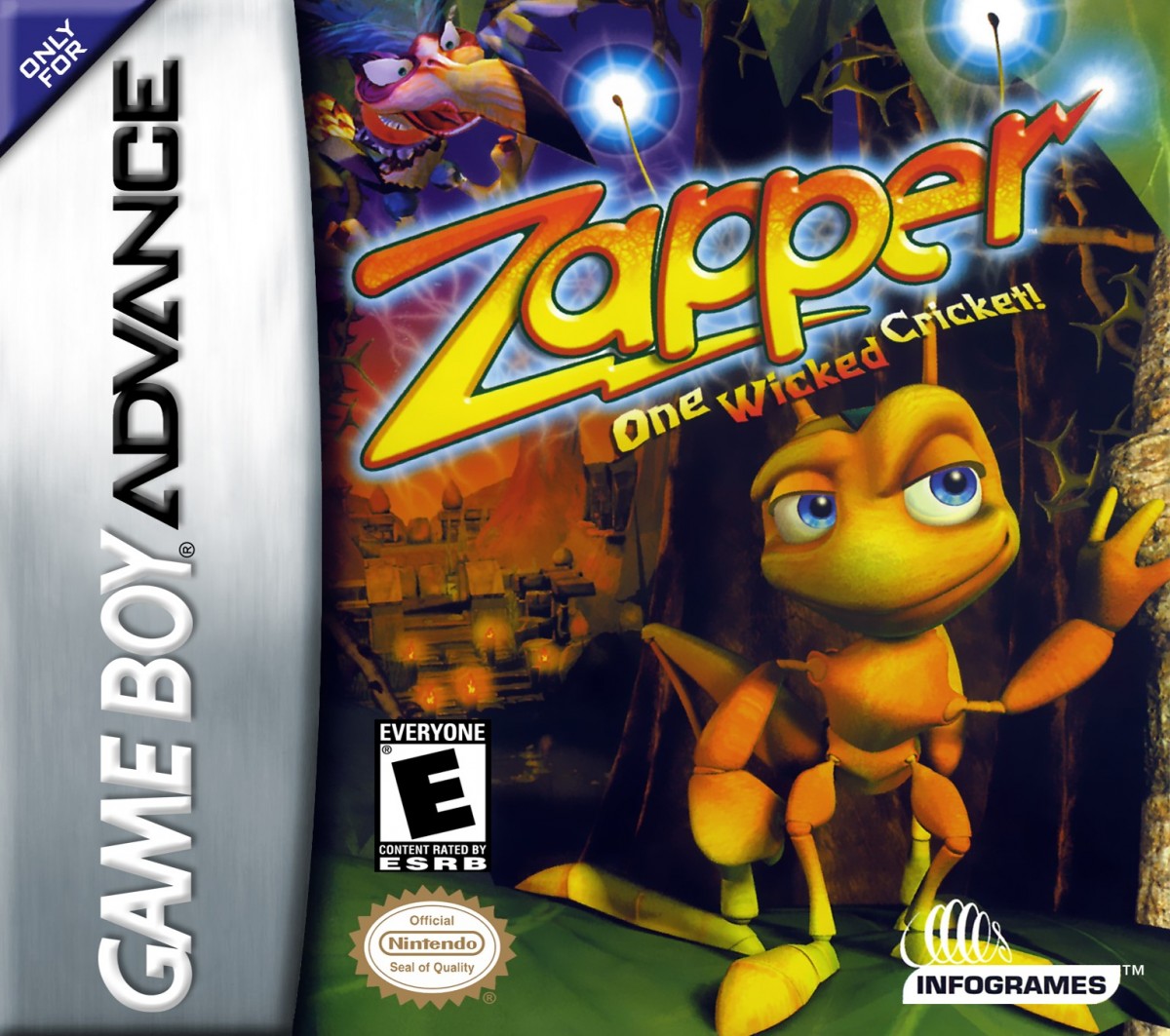 Zapper for Game Boy Advance, cover image for an action platformer video game with arcade-style gameplay, obstacle navigation, bug-themed levels, and fast-paced challenges