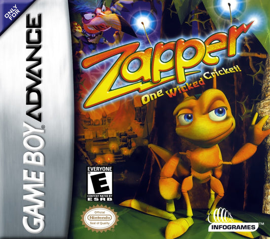 Zapper for Game Boy Advance, cover image for an action platformer video game with arcade-style gameplay, obstacle navigation, bug-themed levels, and fast-paced challenges