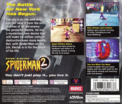 Spider-Man 2 retro superhero action adventure game for PlayStation 1 (PS1) back of case