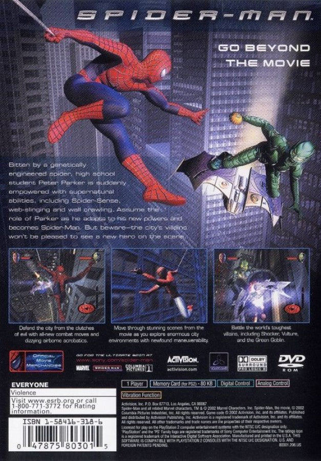 Spider-Man – PlayStation 2 (PS2) video game back of case, action-adventure superhero game.