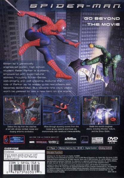 Spider-Man – PlayStation 2 (PS2) video game back of case, action-adventure superhero game.