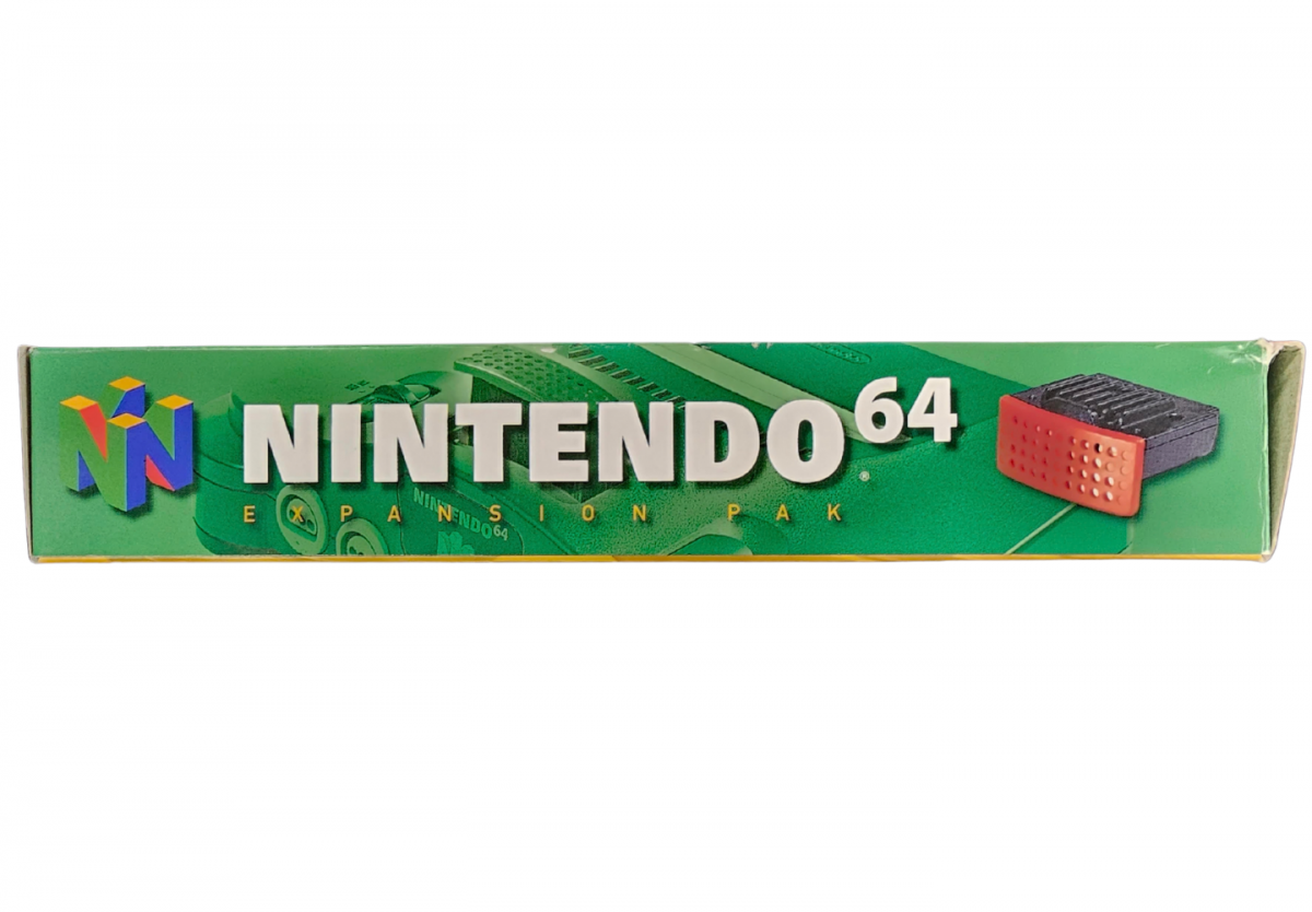 Expansion Pak CIB Nintendo 64 N64 accessory featuring memory expansion hardware for Nintendo 64 console increased system memory enhanced game performance compatible Nintendo 64 games complete in box retro video game accessory N64 collection collectible gaming hardware appeal bottom box art