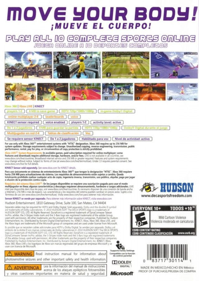 Deca Sports: Freedom back of box for Xbox 360 (X360) sports party Kinect video game