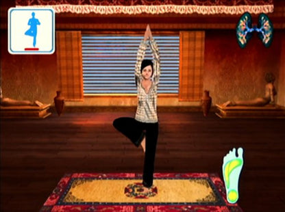 Yoga gameplay for Nintendo Wii (Wii) featuring guided yoga routines with motion‑based controls, relaxing environments, and exercises designed to improve balance, flexibility, and mindfulness.