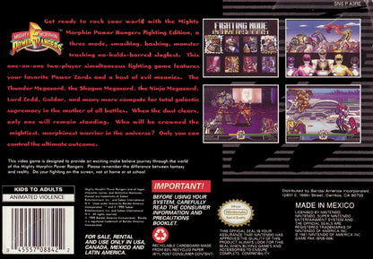 Mighty Morphin Power Rangers The Fighting Edition for Super Nintendo fighting game featuring Rangers and giant Zords arcade style battles versus mode and special attacks based on the TV series back cover art