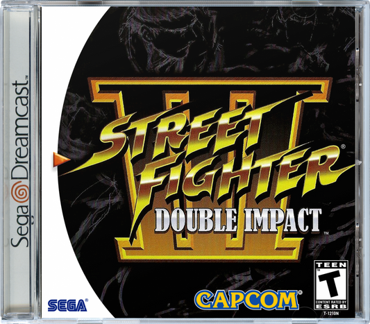 Street Fighter III Double Impact game for the Sega Dreamcast featuring 2D fighting gameplay with refined combat mechanics multiple character roster options arcade style matches and enhanced versions of Street Fighter III and 2nd Impact with parry based combat and competitive versus modes cover art