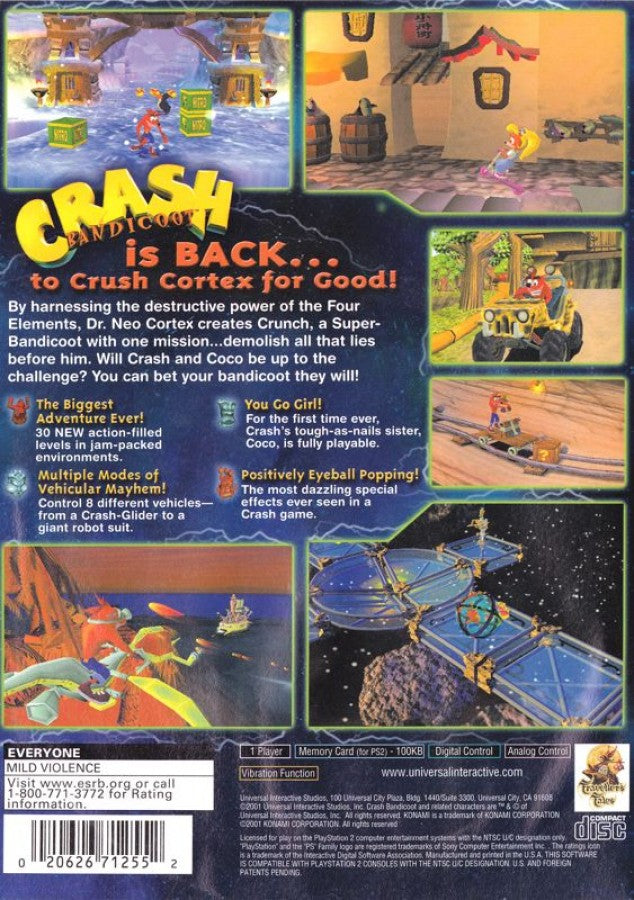 Crash Bandicoot The Wrath of Cortex action platformer video game featuring classic Crash gameplay multiple playable characters colorful 3D levels challenging platforming and the next generation evolution of the Crash Bandicoot series back cover