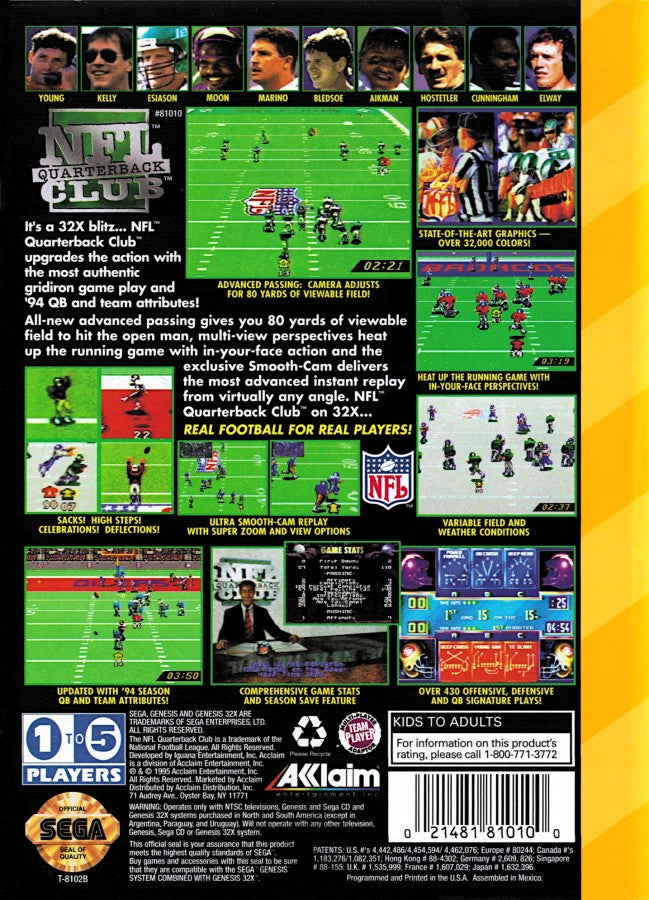 NFL Quarterback Club Sega 32X video game, football sports simulation, classic NFL gameplay, retro Sega console title back cover