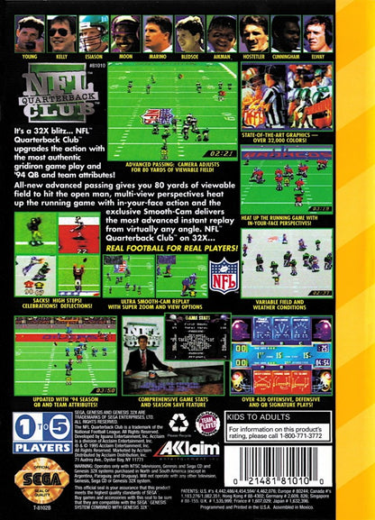 NFL Quarterback Club Sega 32X video game, football sports simulation, classic NFL gameplay, retro Sega console title back cover