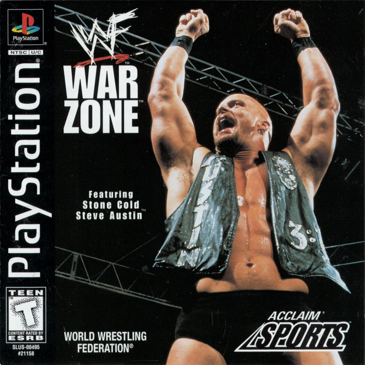 WWF War Zone game for the PlayStation featuring professional wrestling gameplay with a roster of WWF superstars create a wrestler mode multiple match types and arcade style combat based on late 90s wrestling entertainment cover art