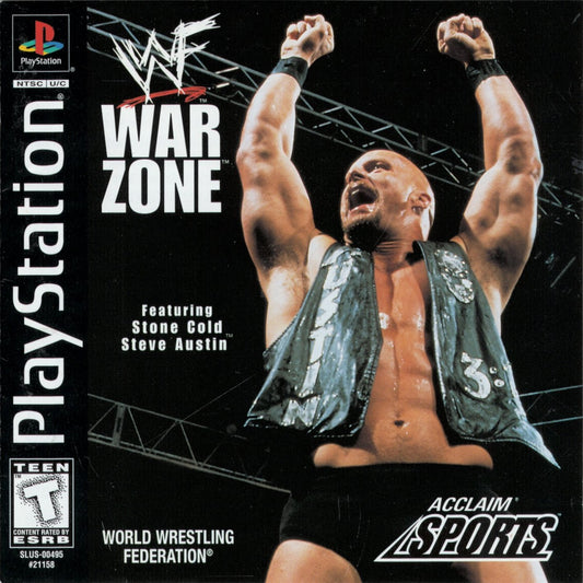 WWF War Zone game for the PlayStation featuring professional wrestling gameplay with a roster of WWF superstars create a wrestler mode multiple match types and arcade style combat based on late 90s wrestling entertainment cover art