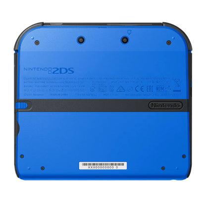 Nintendo 2DS Electric Blue System inspired design featuring handheld gaming console aesthetic vibrant blue clamshell free form slate design dual screen portable gameplay colorful Nintendo hardware family friendly gaming experience and classic handheld entertainment presentation back