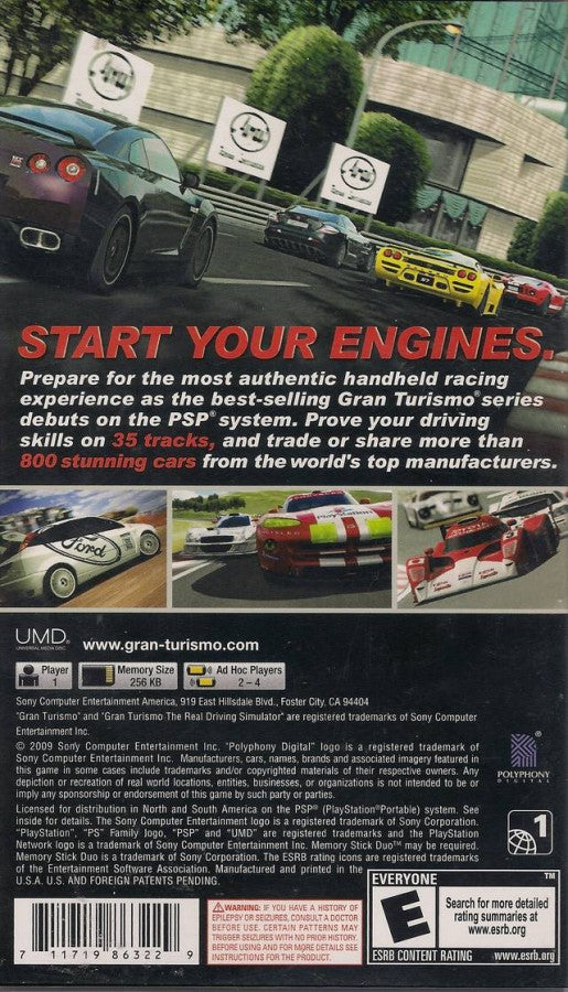 Gran Turismo Greatest Hits PSP Sony PlayStation Portable racing simulation game realistic driving physics car collection motorsport Polyphony Digital Gran Turismo series handheld racing career mode time trials PSP software video game title back cover