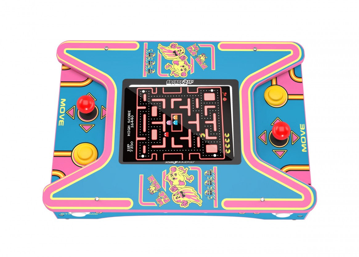 Arcade1Up Ms. Pac-Man & Galaga Head-to-Head Counter-Cade featuring classic arcade gameplay in a compact tabletop cabinet